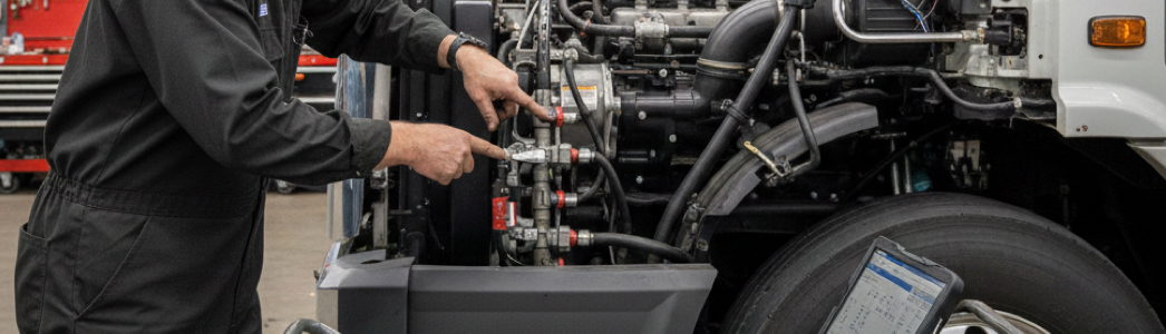 Technicien effectuant l’inspection d’un moteur diesel de camion pour un entretien préventif et un diagnostic des composants mécaniques
