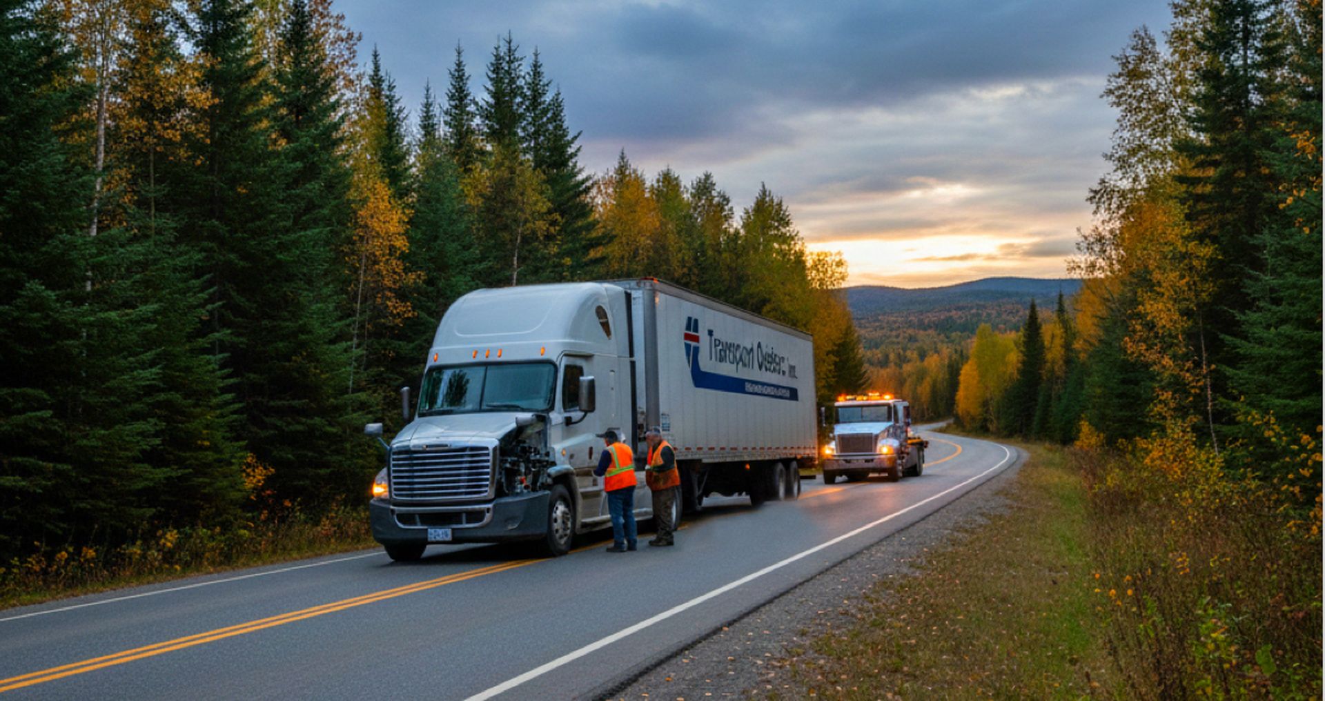 Camion diesel immobilisé sur la route pendant une panne mécanique, techniciens effectuant une inspection d’entretien préventif du moteur