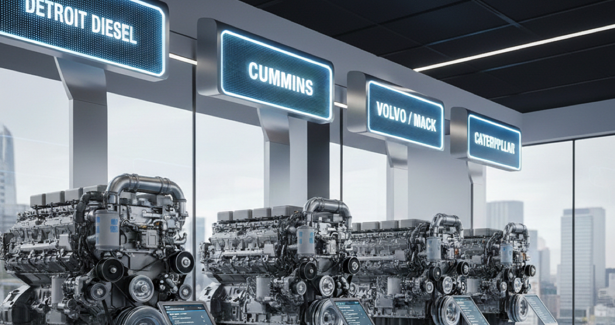 Comparaison de moteurs diesel Detroit Diesel, Cummins, Volvo Mack et Caterpillar présentés en alignement pour illustrer les principales marques