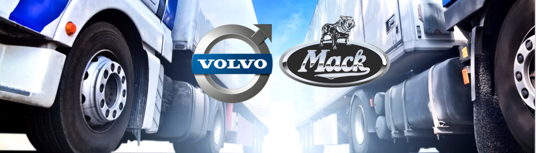 Comparaison entre moteurs diesel Volvo et Mack avec camions lourds en arrière-plan illustrant leur utilisation en transport routier